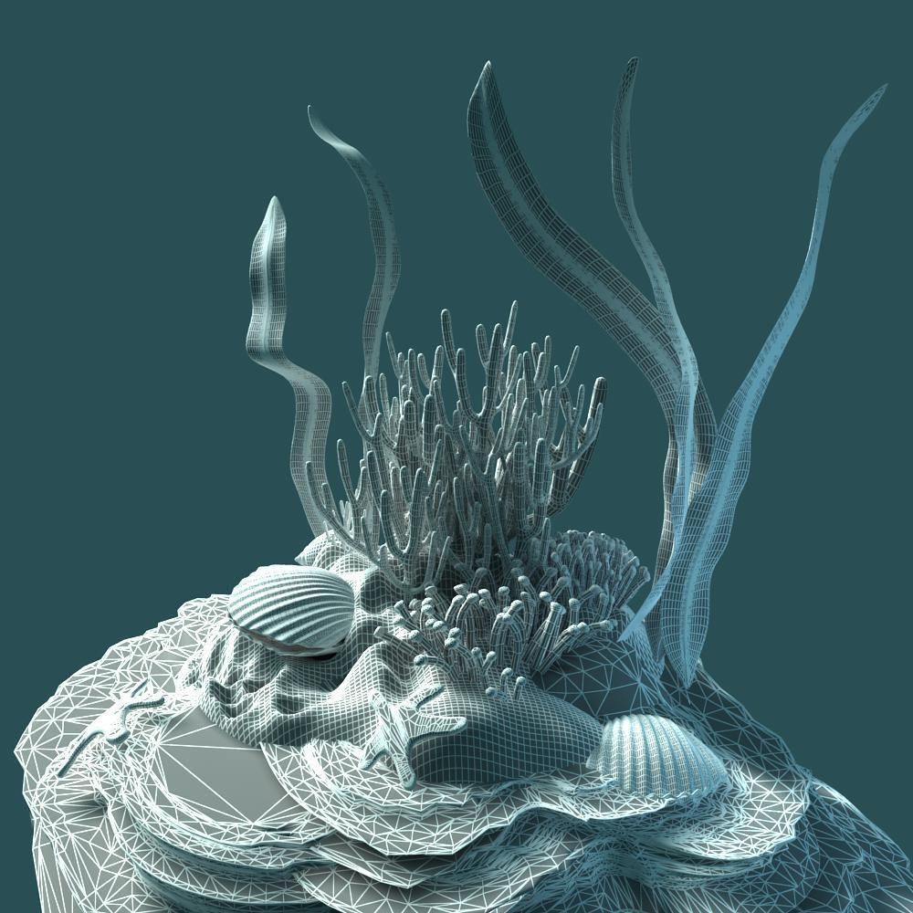 Coral rock with seaweed and starfish 3D model_12