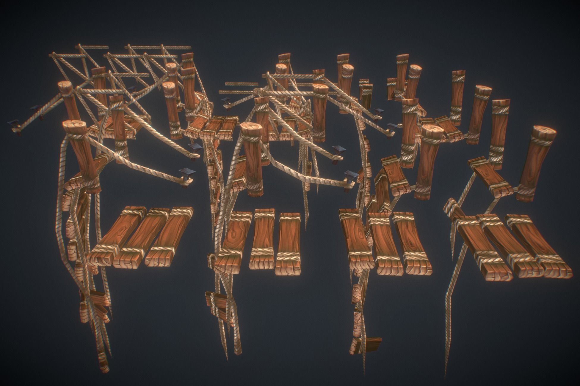 Rope Bridge Set - Low Poly Hand Painted Low-poly 3D model_1