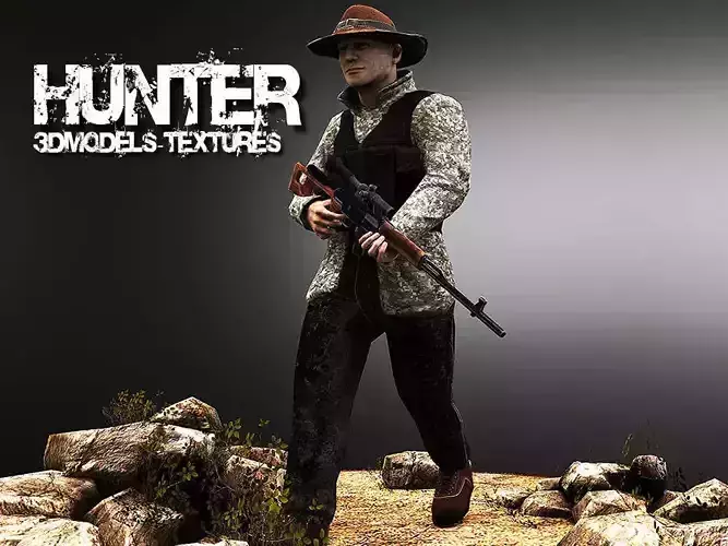 Hunter 3D model soldier with rifle on rocks Low-poly 3D model