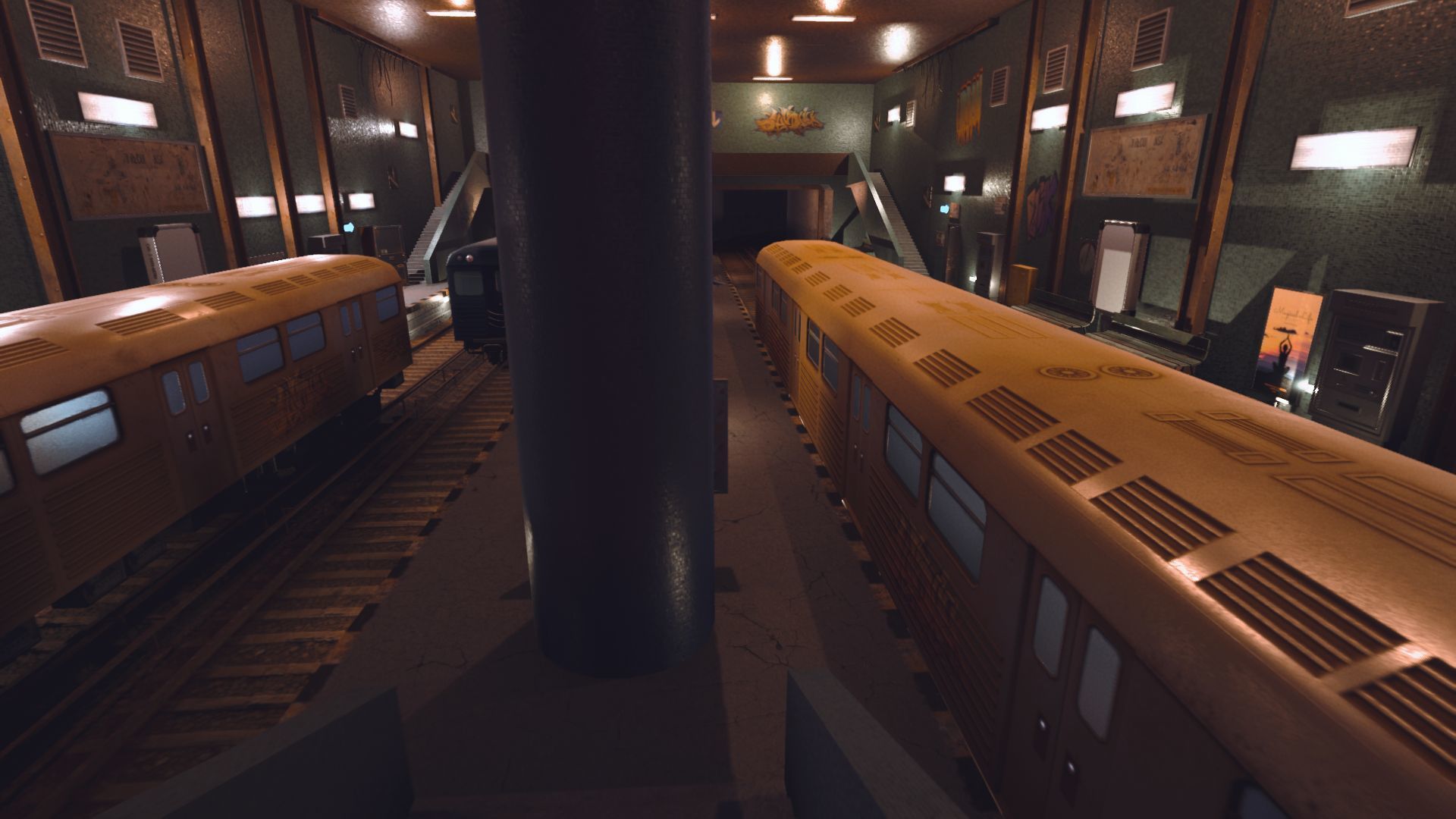 Subway station with trains on tracks Low-poly 3D model_4