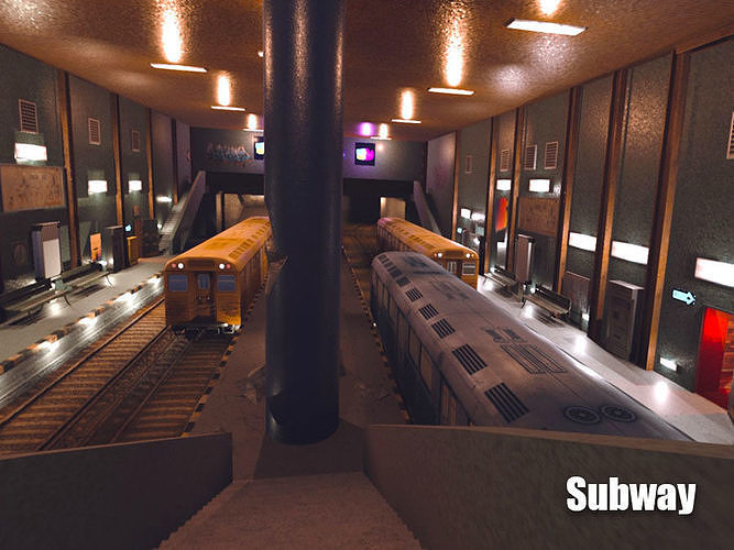 Subway station with trains on tracks Low-poly 3D model