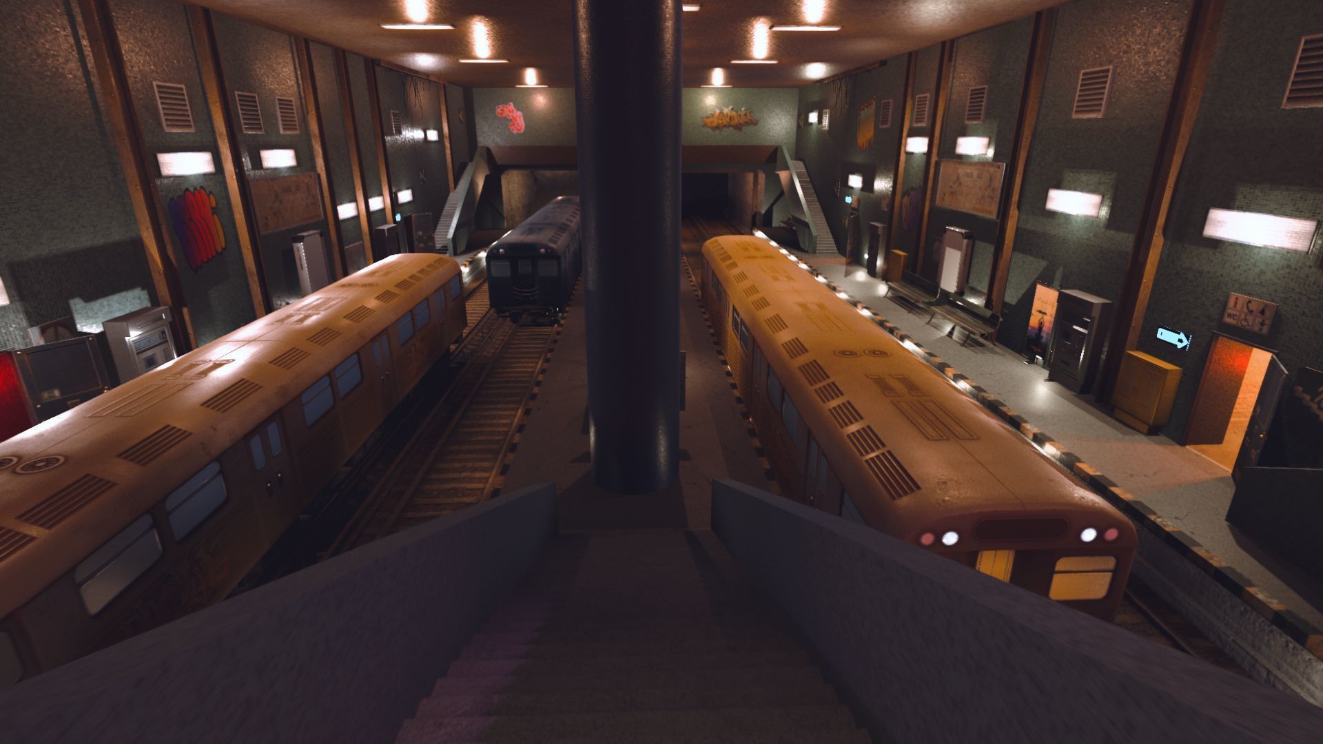 Subway station with trains on tracks Low-poly 3D model_3