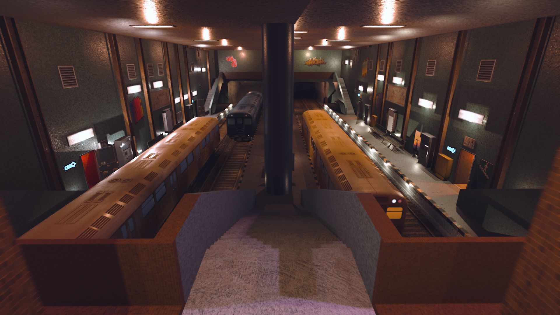 Subway station with trains on tracks Low-poly 3D model_2