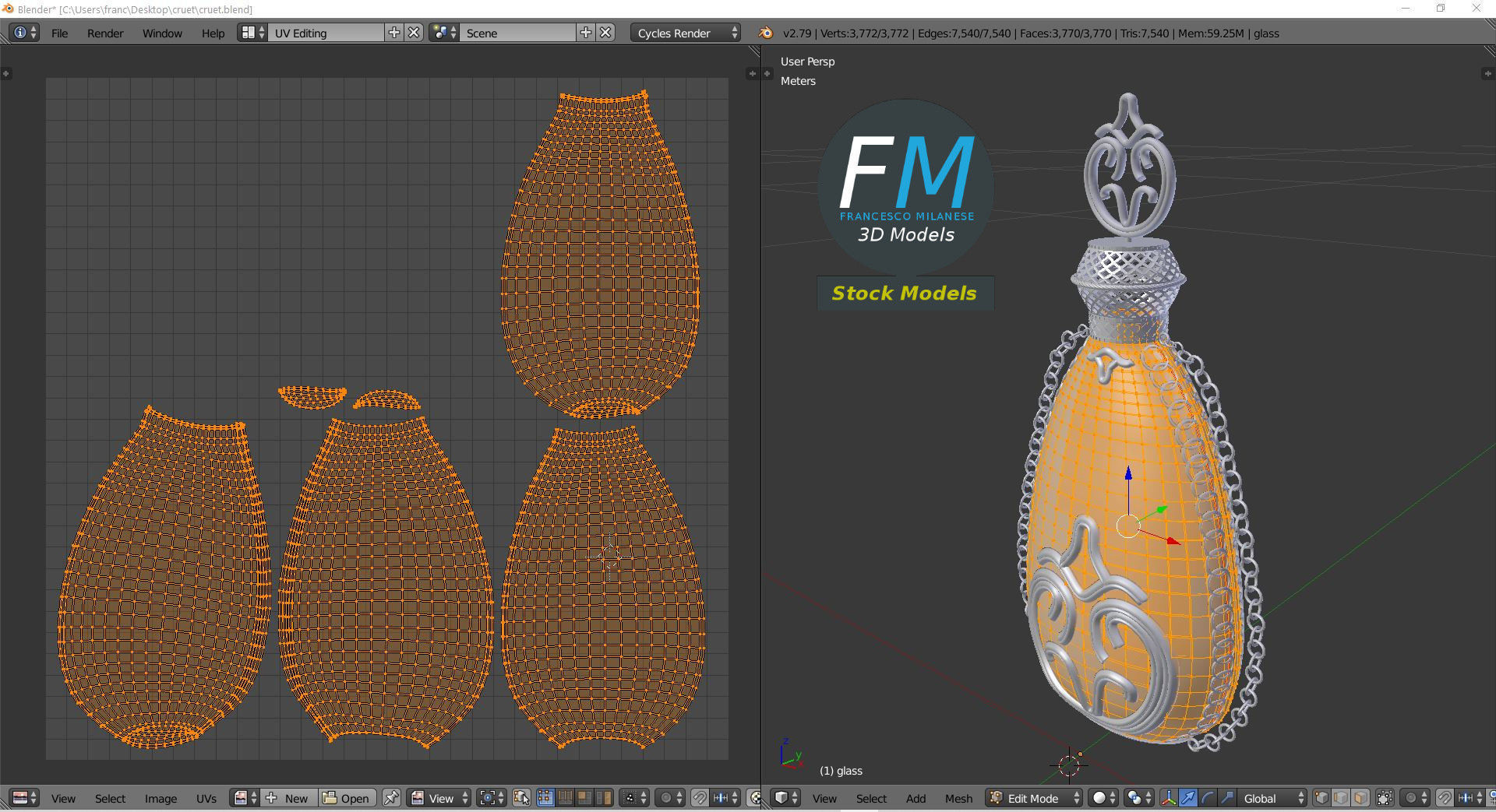 Cruet glass bottle with chain 3D model_10