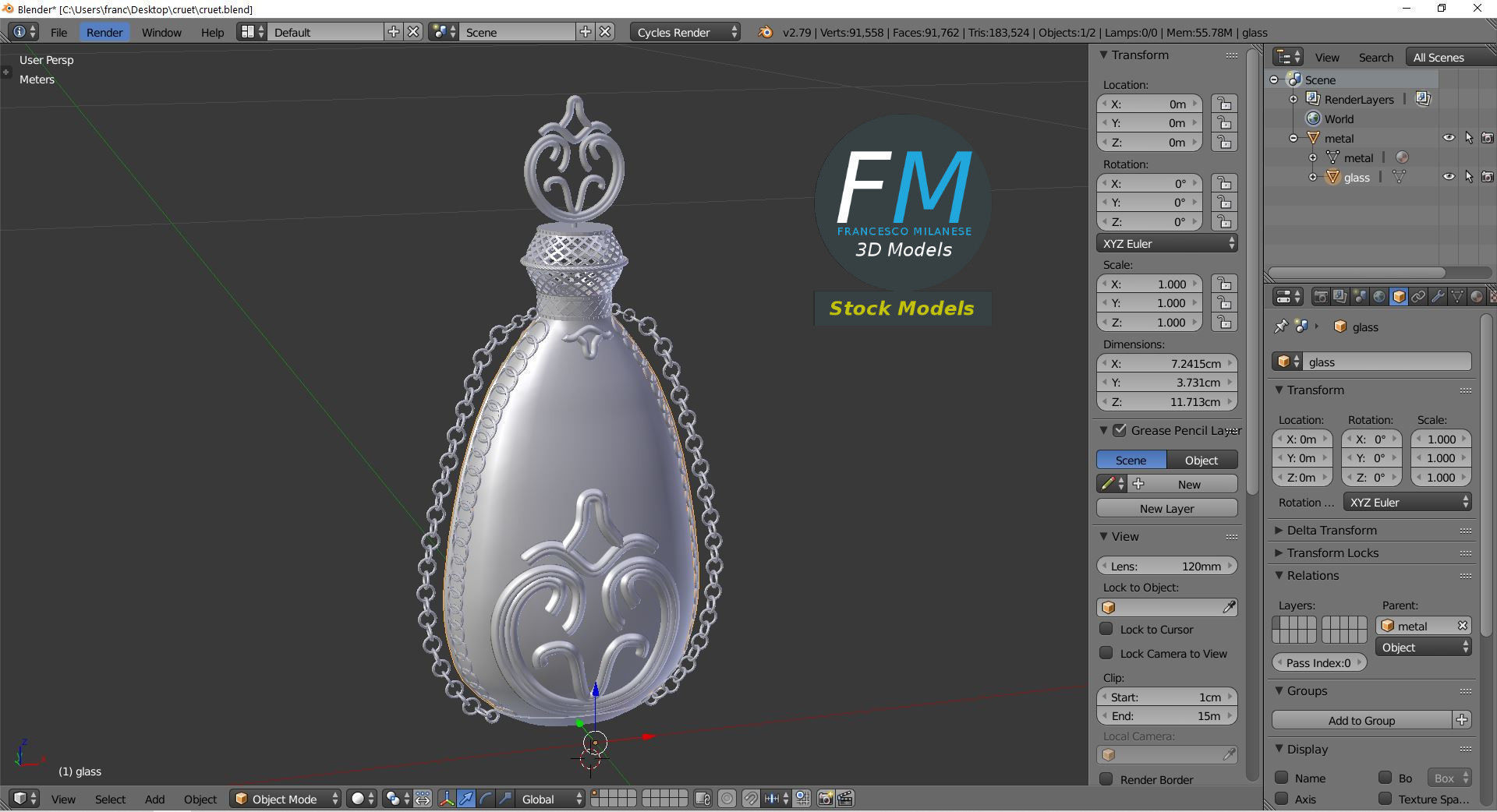 Cruet glass bottle with chain 3D model_9