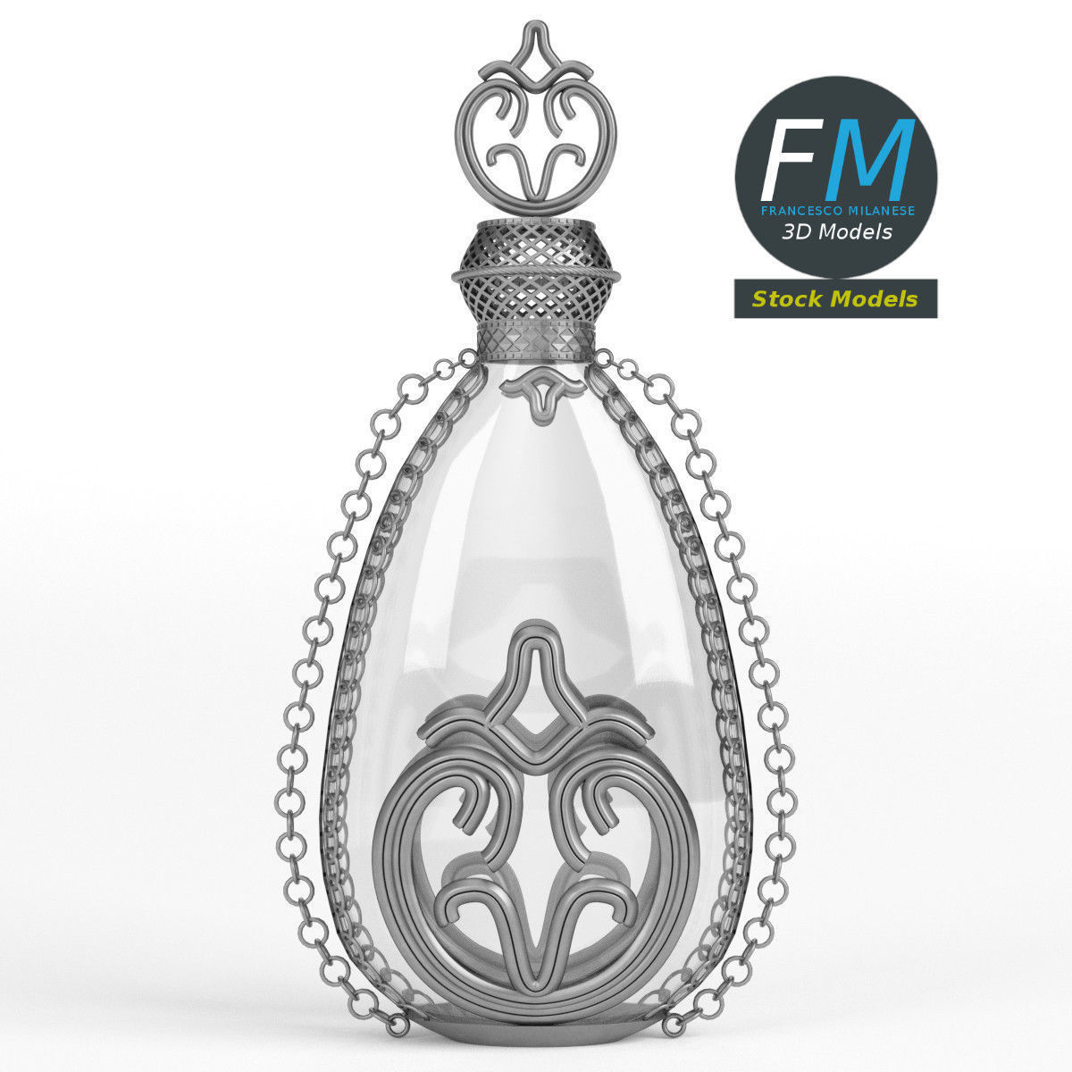 Cruet glass bottle with chain 3D model_3