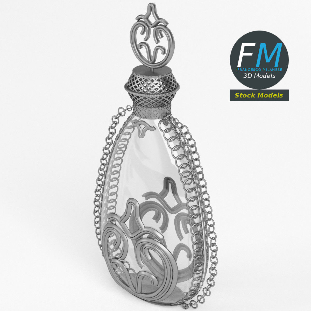 Cruet glass bottle with chain 3D model_2