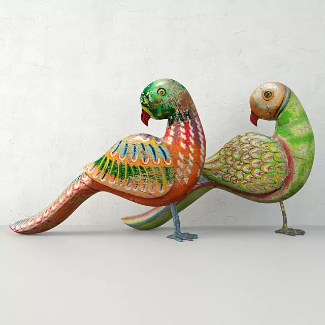 Rustic Carved Painted Parrots 3D model_0