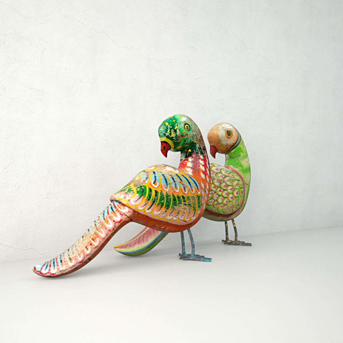 Rustic Carved Painted Parrots 3D model_2