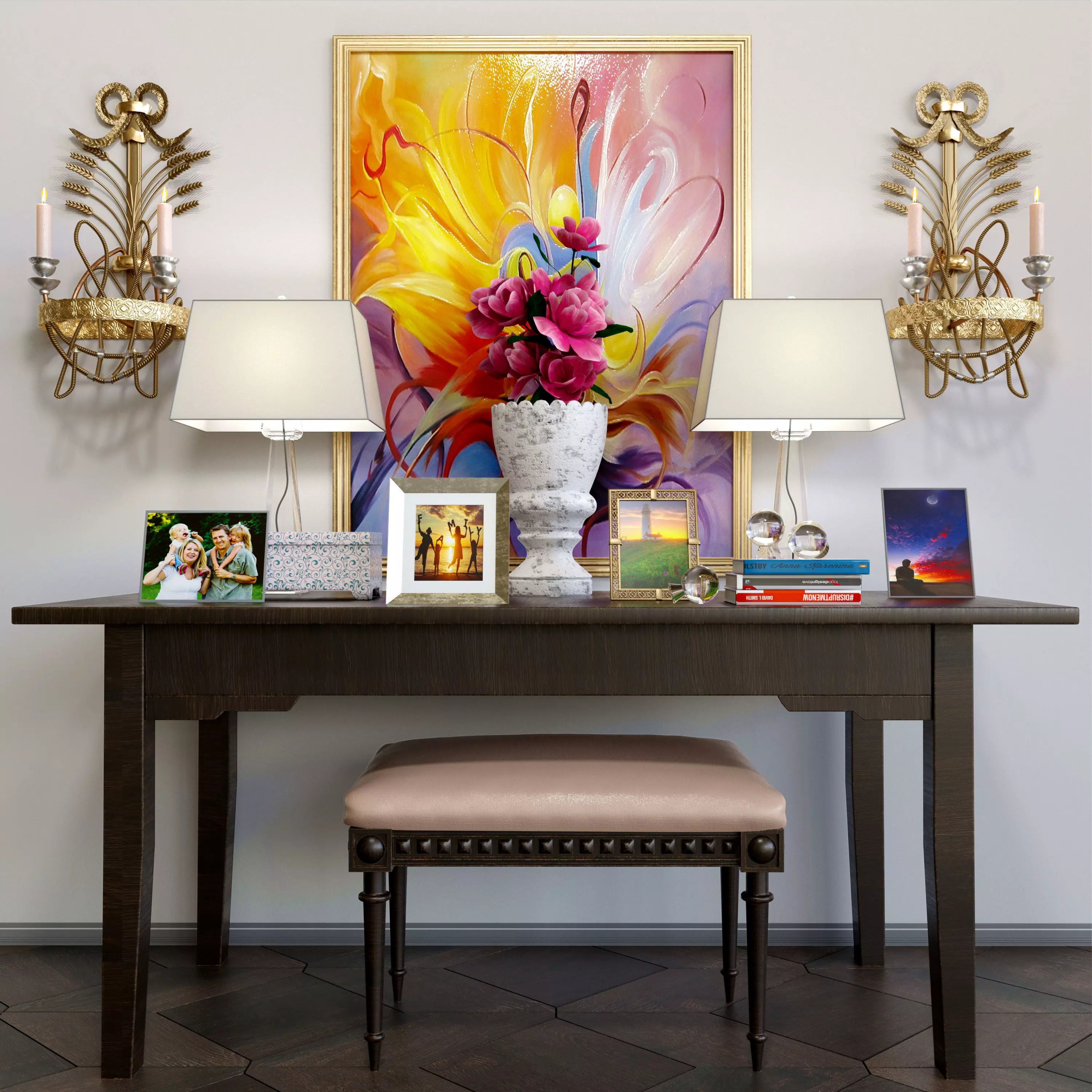 Set 15 table with flowers and lamp 3D model_0