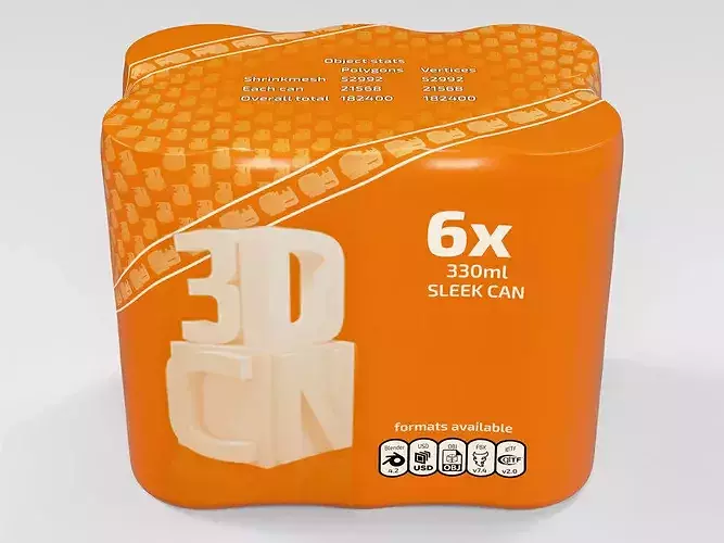 6 Pack 330ml Sleek shrinkwrapped beverage cans 3D model 3