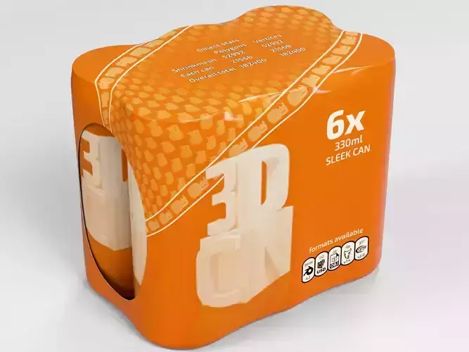 6 Pack 330ml Sleek shrinkwrapped beverage cans 3D model