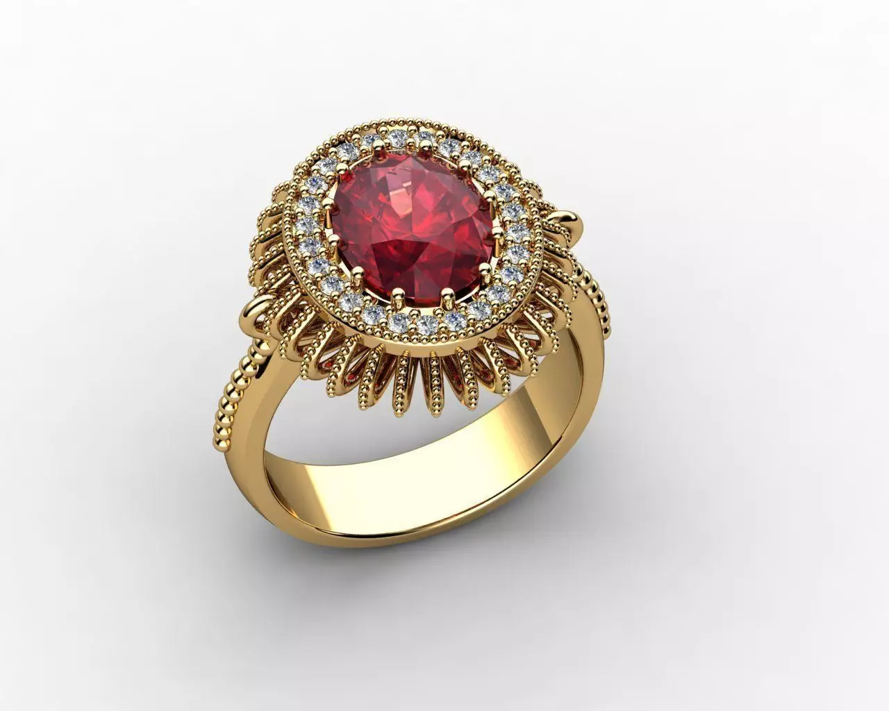 Oval Ruby and Diamond Halo Ring 3D print model_0