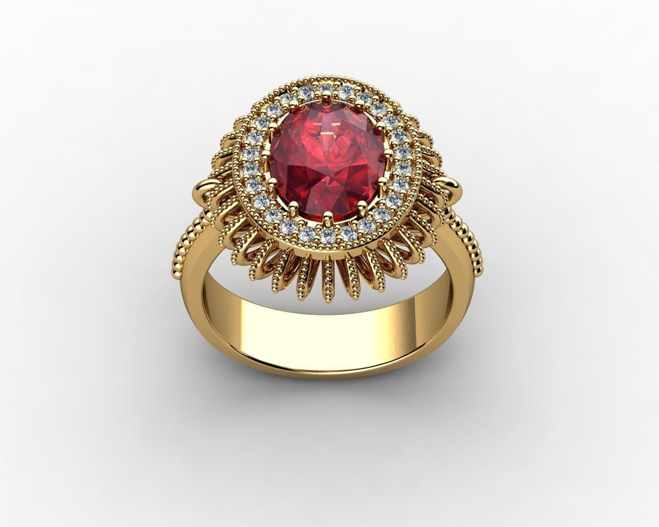 Oval Ruby and Diamond Halo Ring 3D print model_1