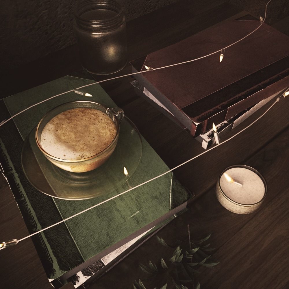 Coffee cup on wooden table with candles and books 3D model_0