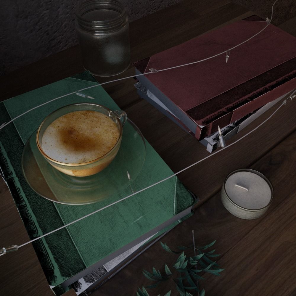 Coffee cup on wooden table with candles and books 3D model_1