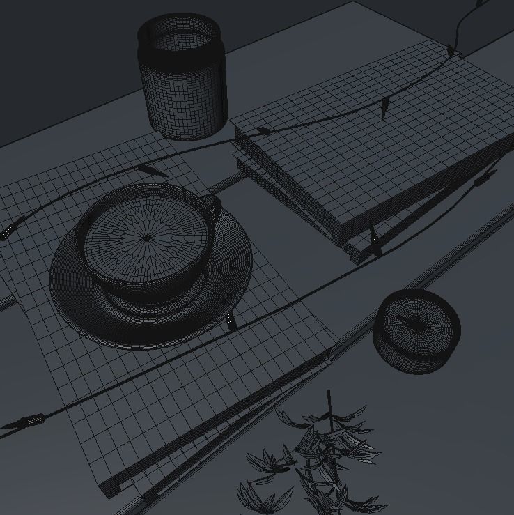 Coffee cup on wooden table with candles and books 3D model_3