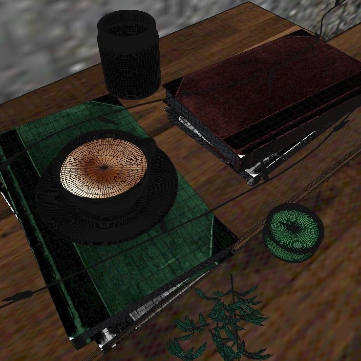 Coffee cup on wooden table with candles and books 3D model_2