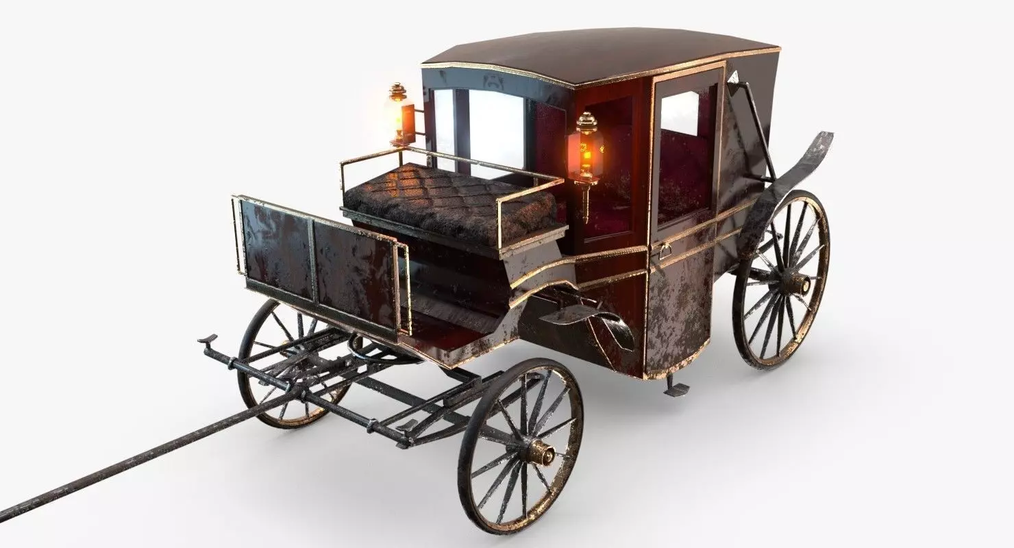 Old wooden carriage Low-poly 3D model_0