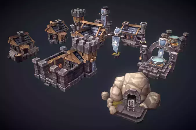 RTS Human Building Set - Low Poly Hand Painted