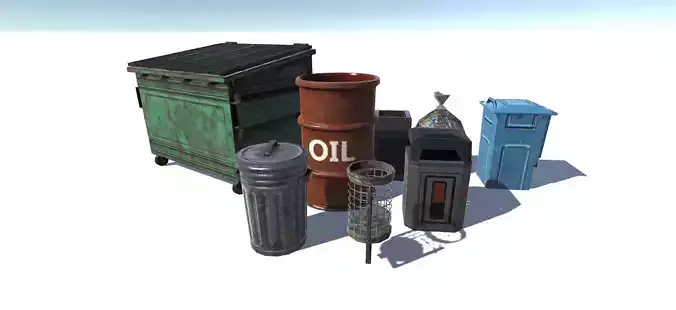 Trashbin set oil cans and barrels