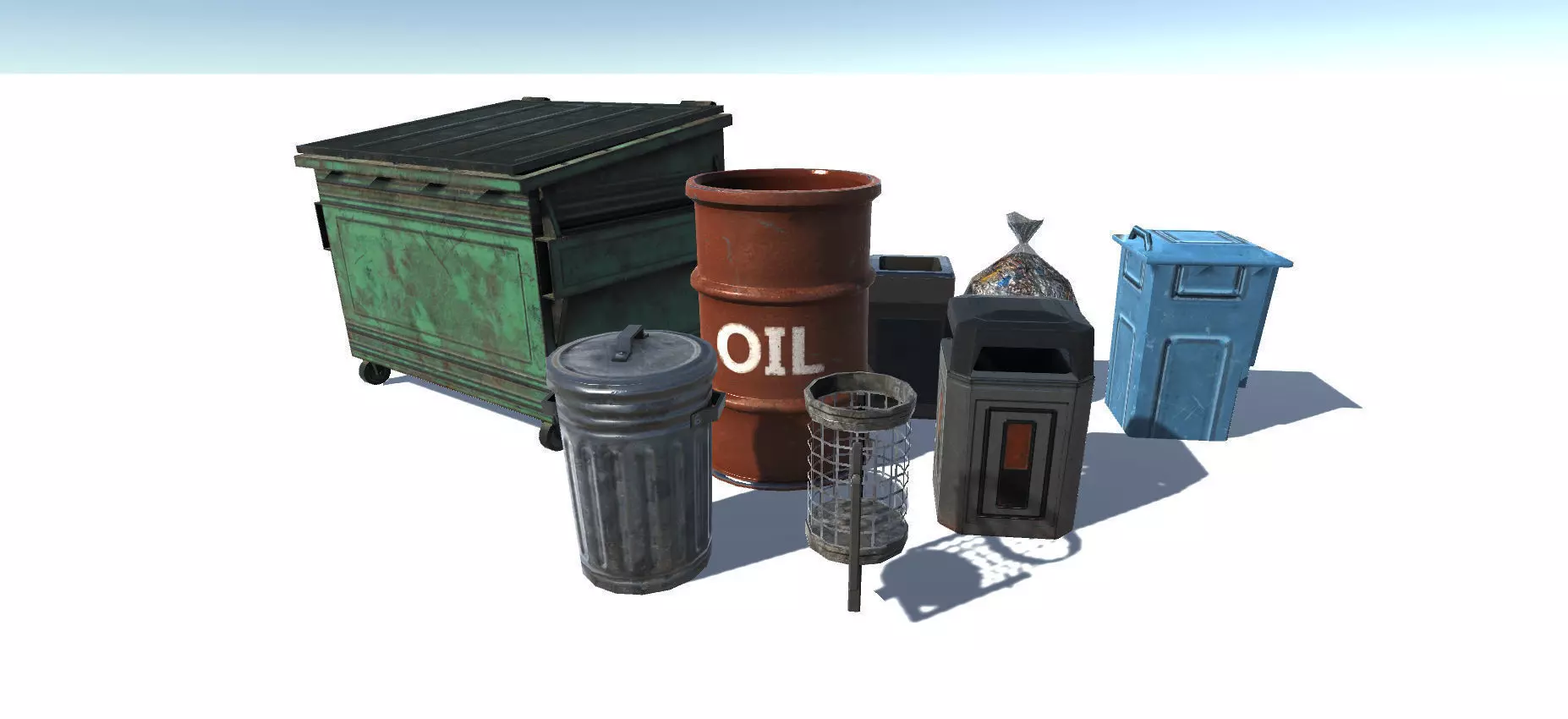 Trashbin set oil cans and barrels Low-poly 3D model_0