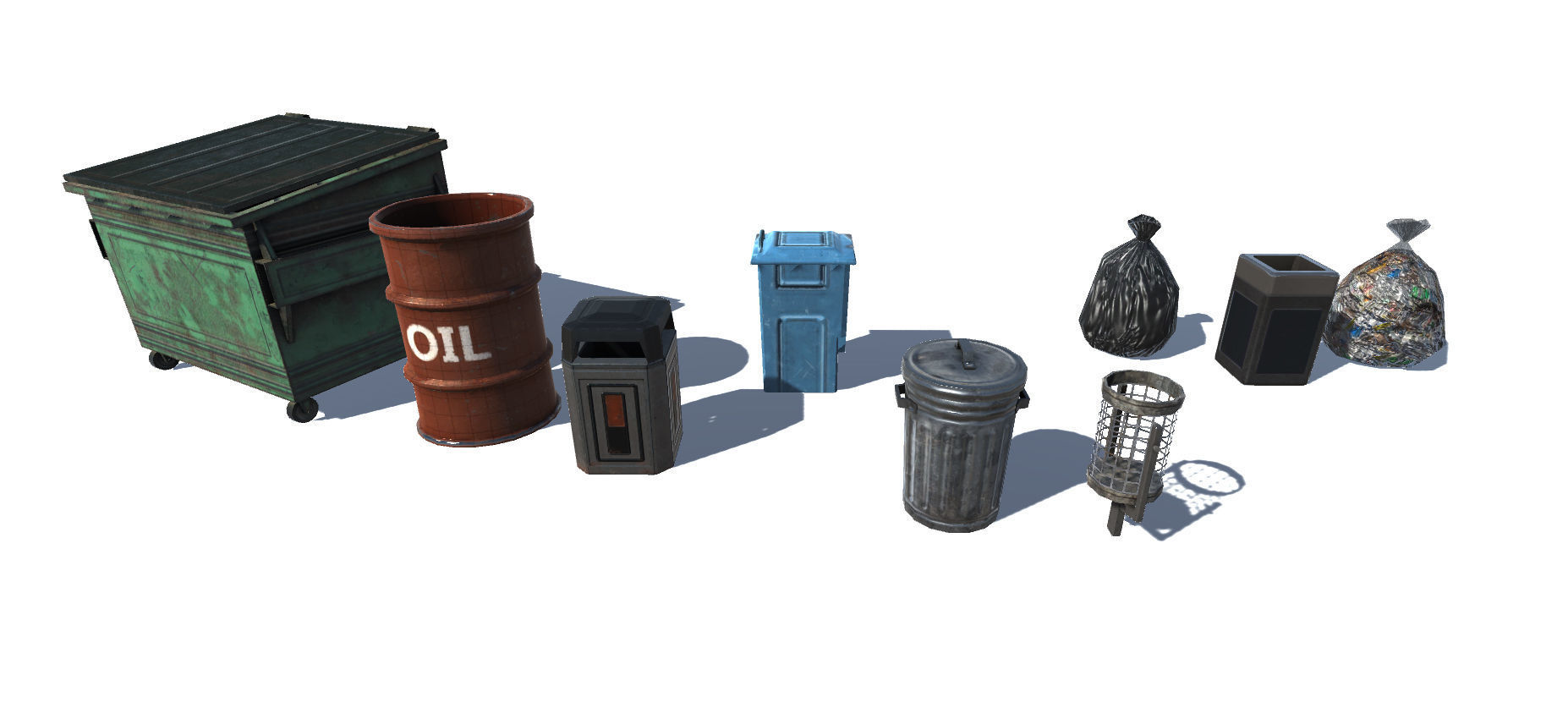 Trashbin set oil cans and barrels Low-poly 3D model_2
