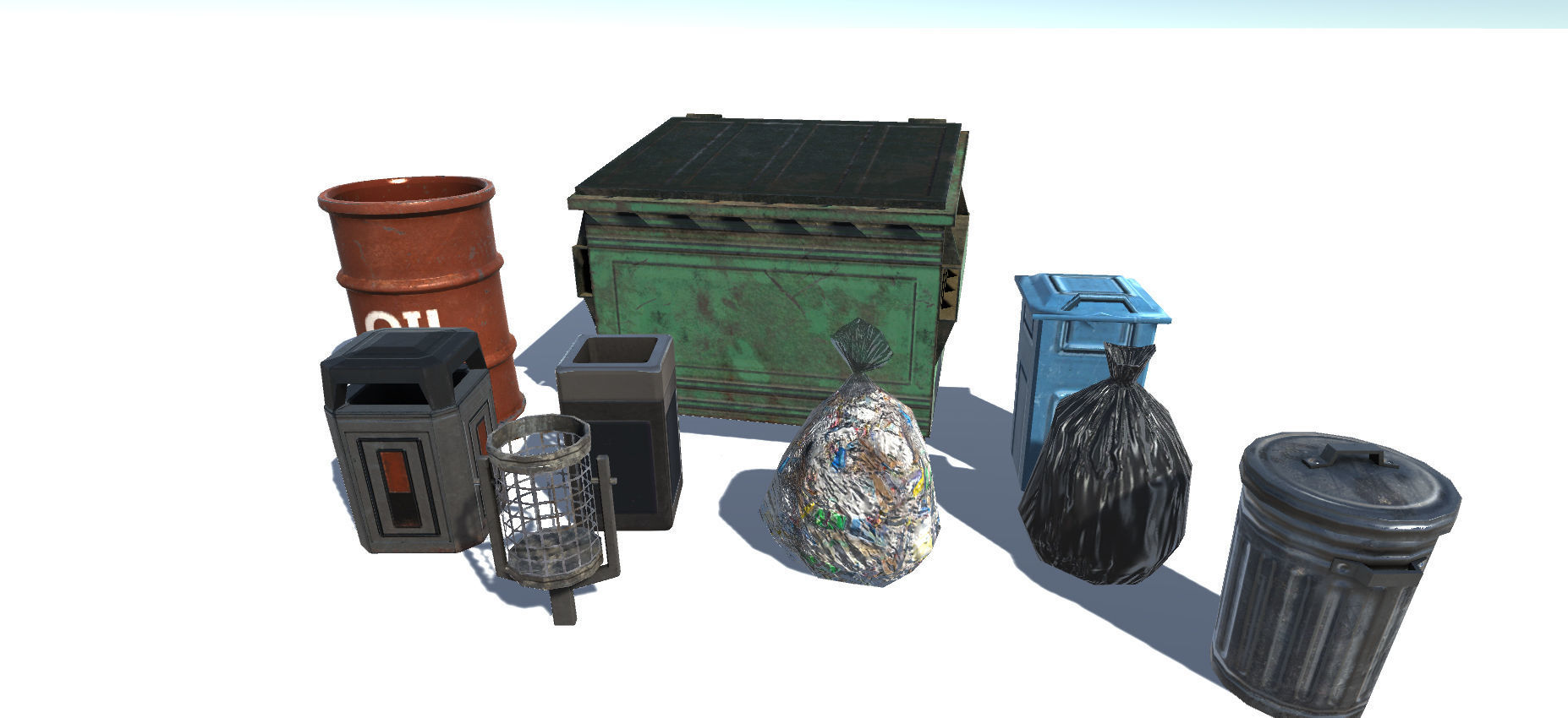 Trashbin set oil cans and barrels Low-poly 3D model_1