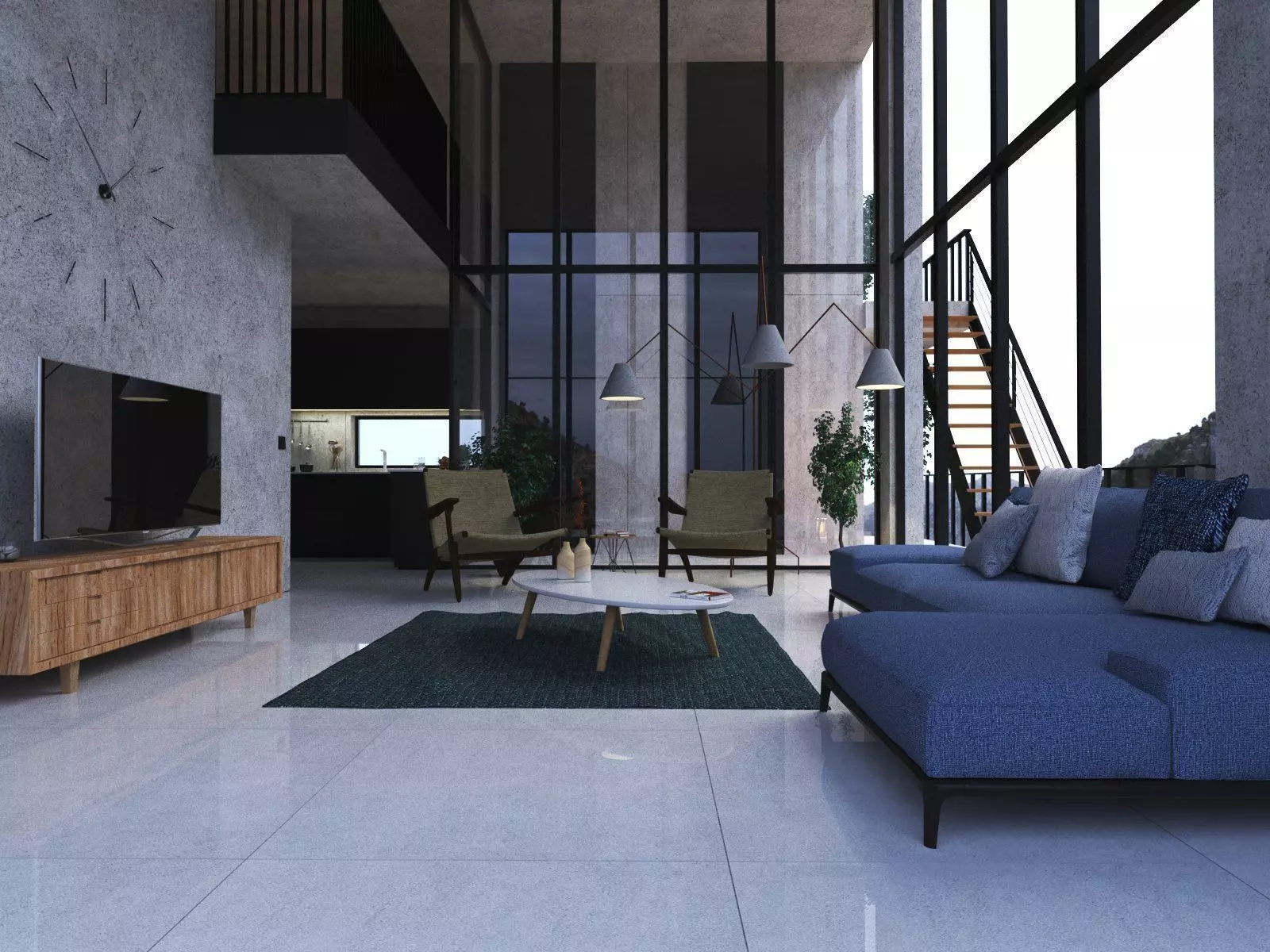 Interior modern living room with windows 3D print model_0