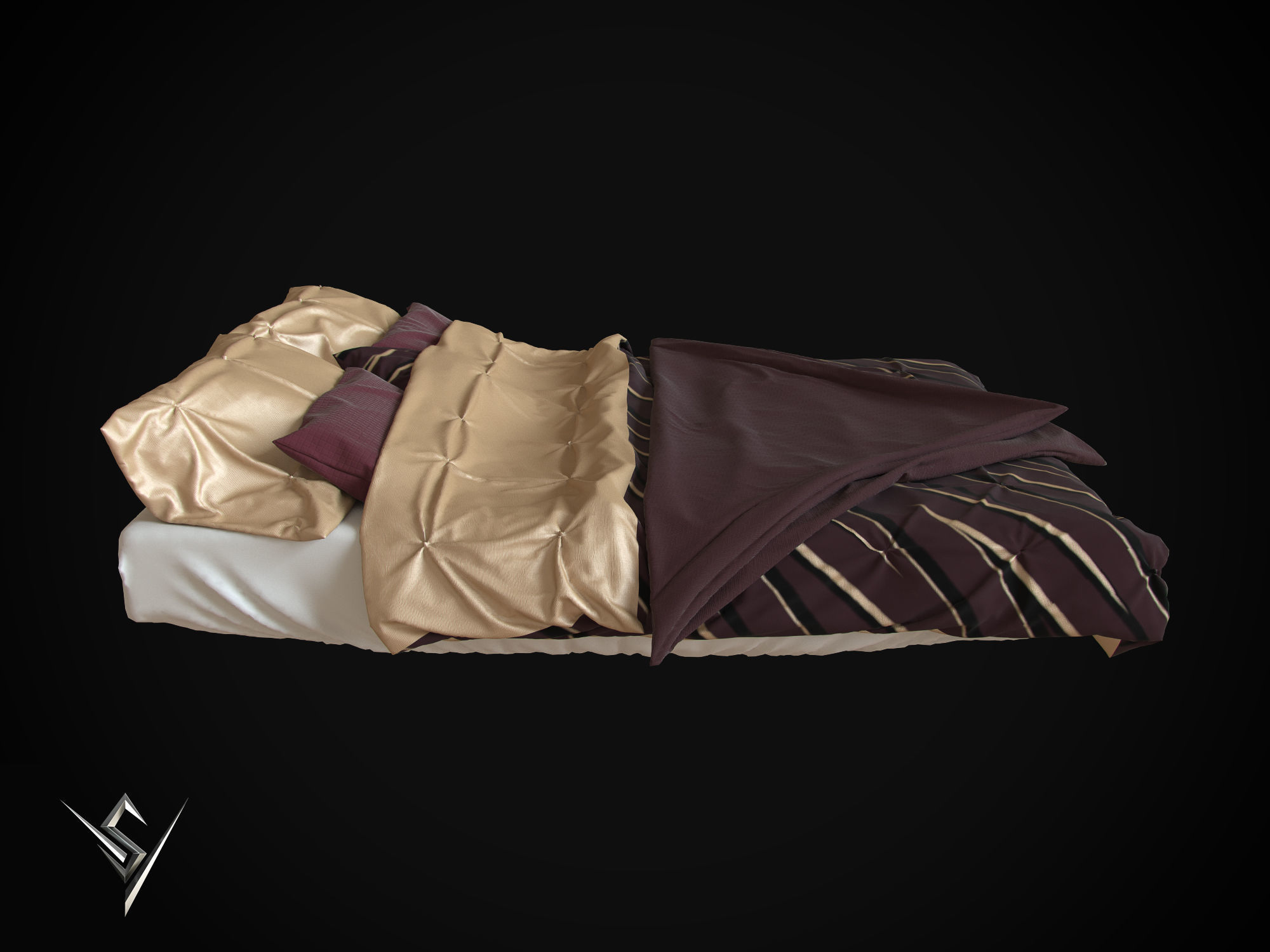 bedclothes bed with sheets and pillows 3D model_1