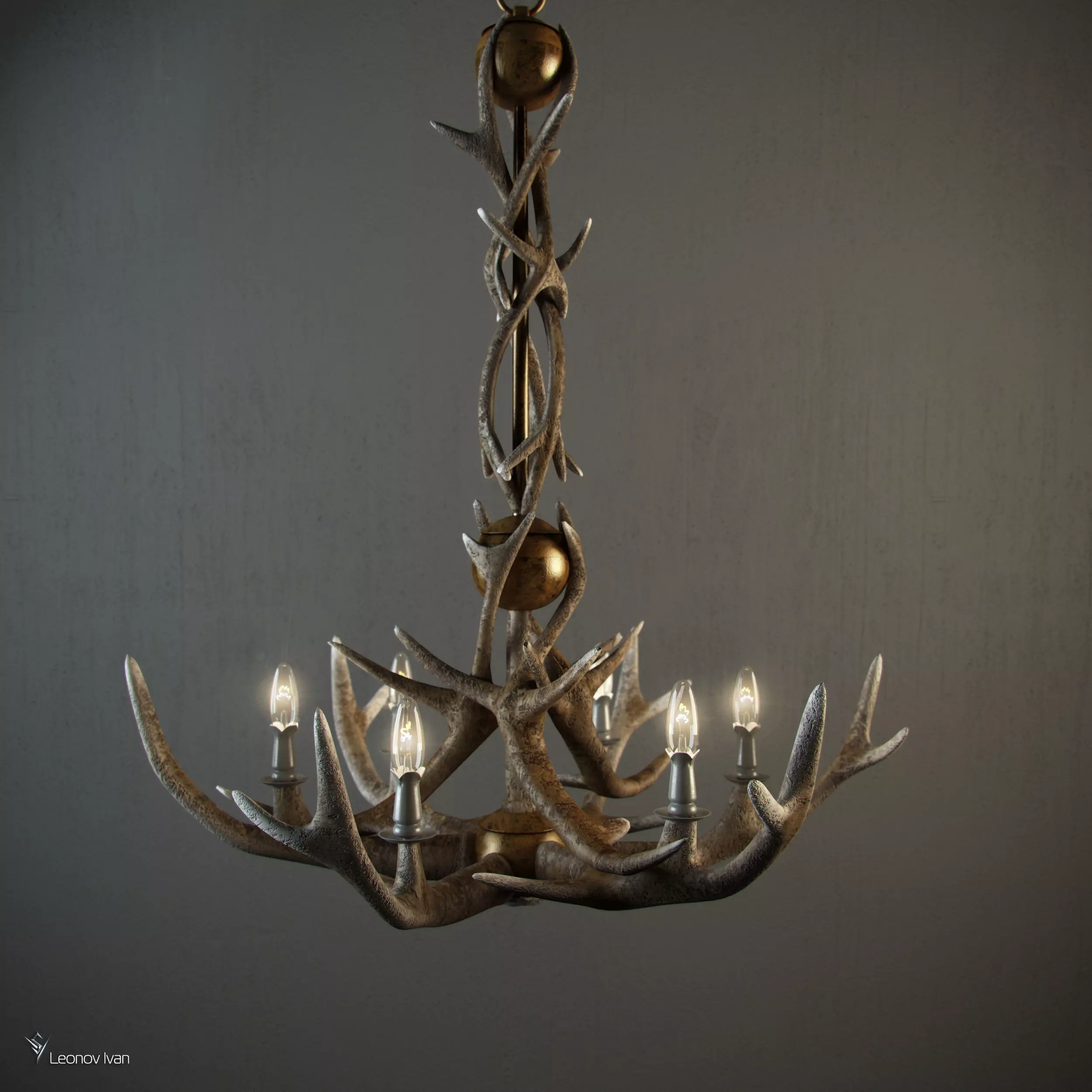Adirondack Antler 6 Arm Chandelier 3D model_0