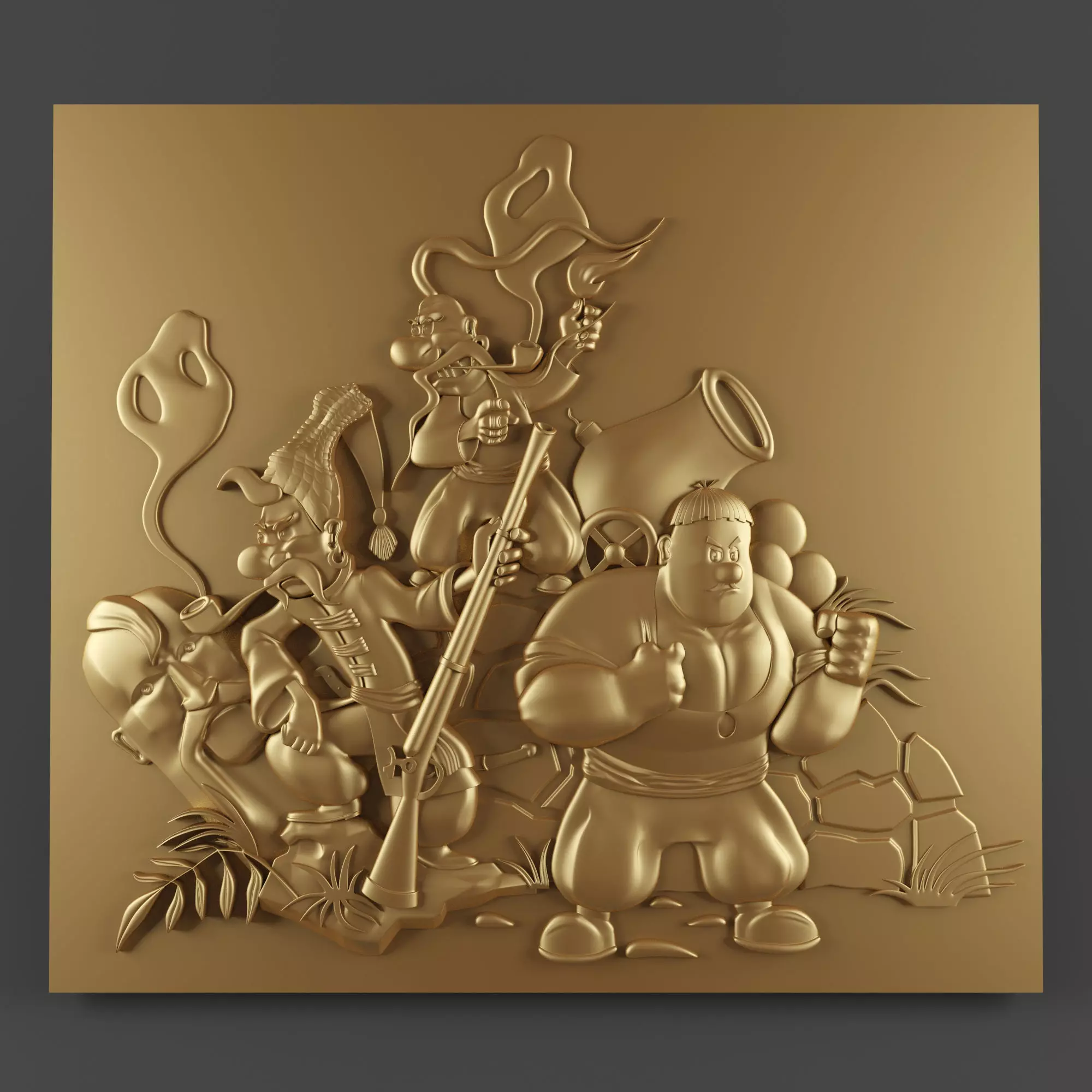 Cossacks gold plaque with characters 3D print model_0
