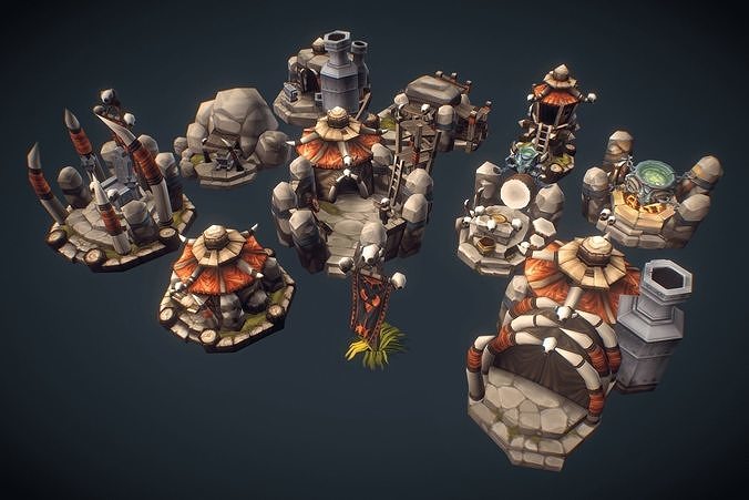 RTS Orc Building Set - Low Poly Hand Painted Low-poly 3D model