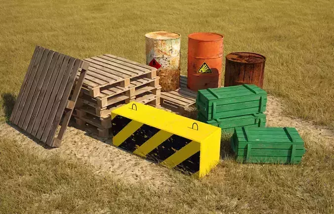 Low poly models for games barrels pallets military crates block Low-poly 3D model
