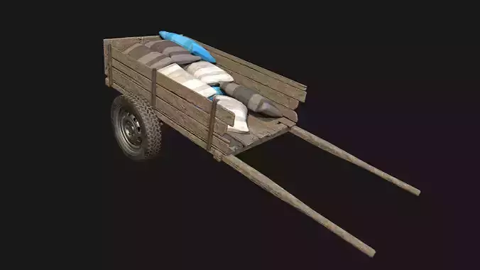 Low Poly PBR Wooden Cart with Sacks Low-poly 3D model