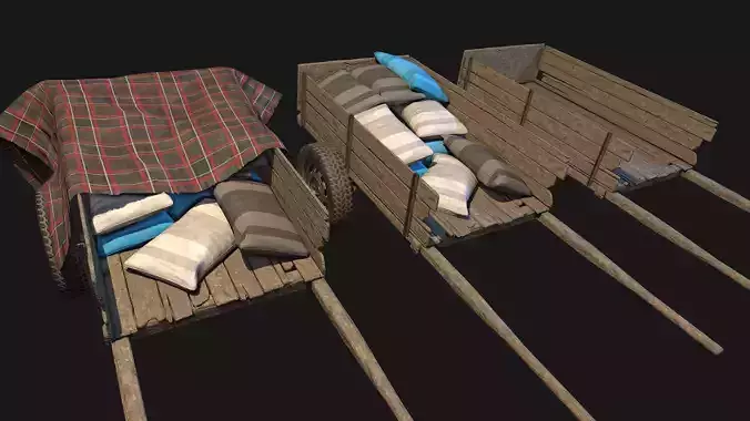 Low Poly PBR Wooden Cart Bundle Low-poly 3D model