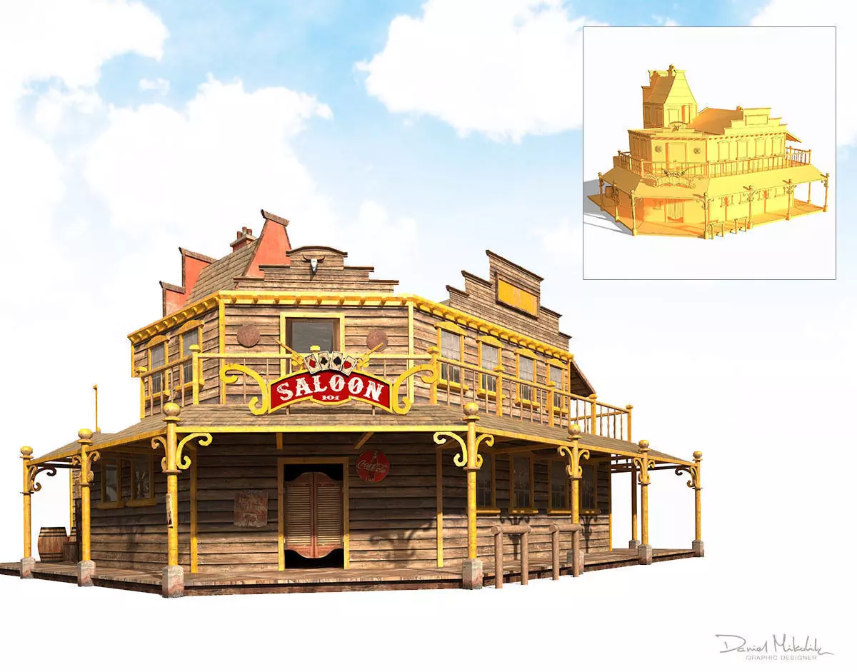Western Saloon Low-poly 3D model_0
