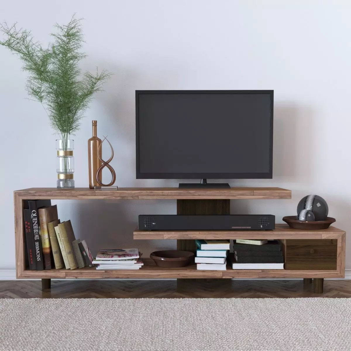 Set 15 wooden tv stand with books and plants 3D model