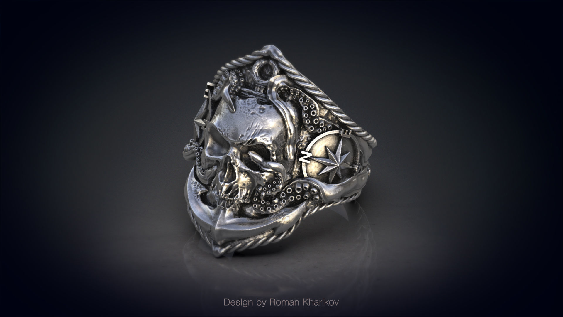 Ring with the skull at anchor 3d model for 3d printing 3D print model_4