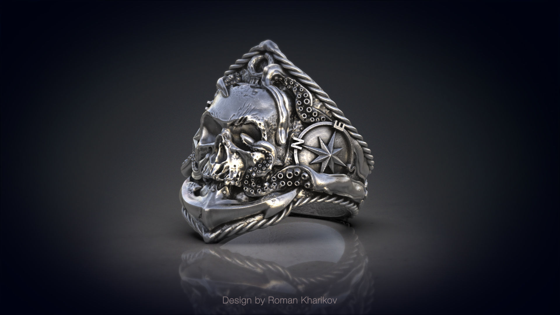 Ring with the skull at anchor 3d model for 3d printing 3D print model_1