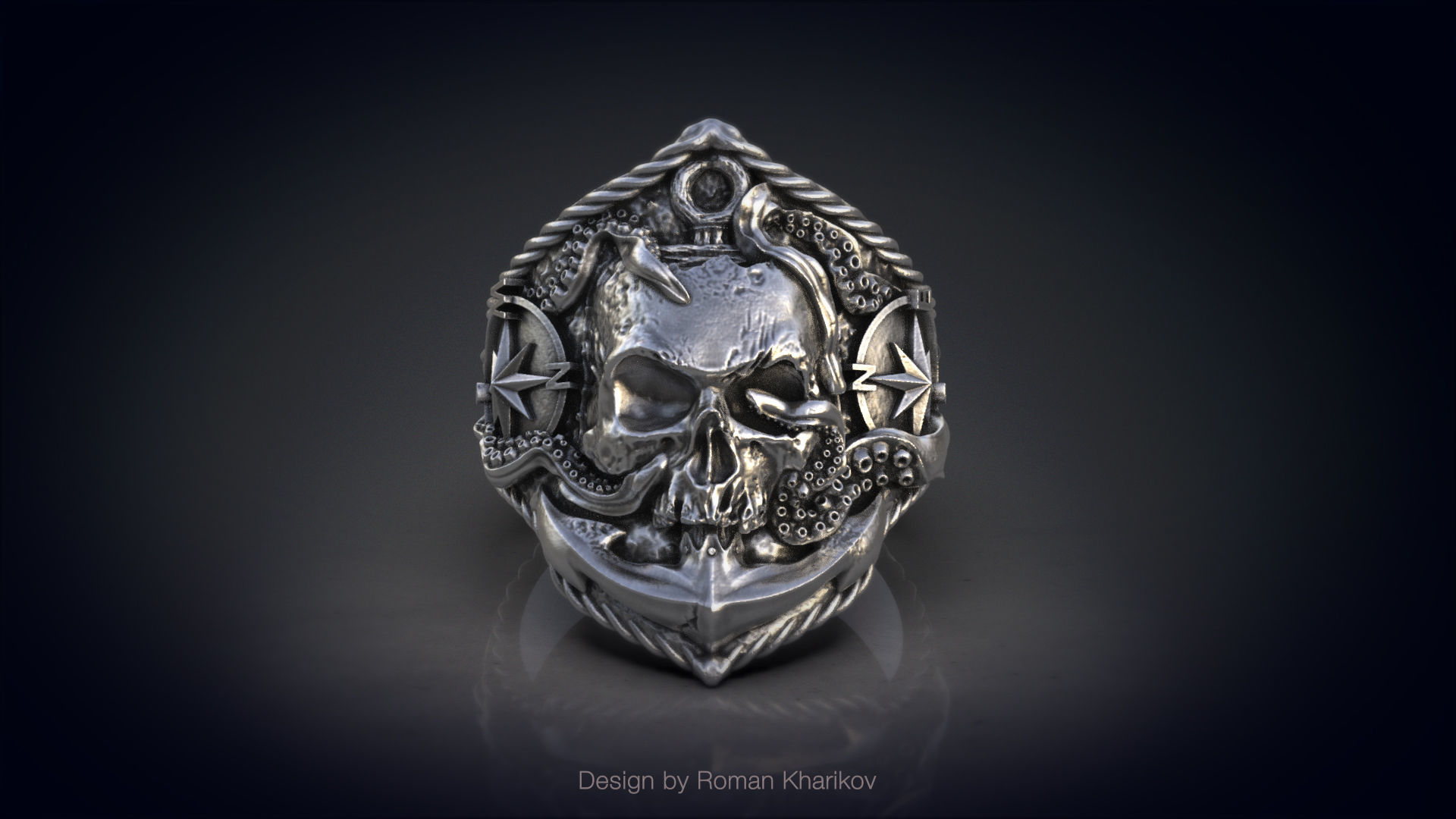 Ring with the skull at anchor 3d model for 3d printing 3D print model_3