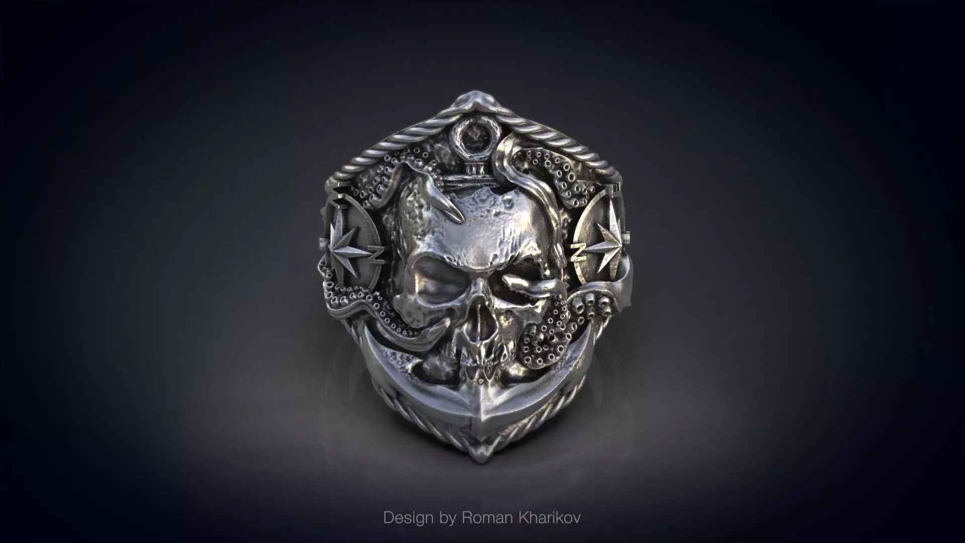 Ring with the skull at anchor 3d model for 3d printing 3D print model_0