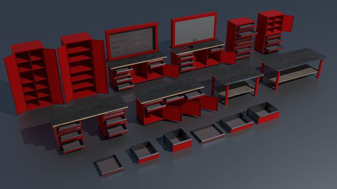 Workshop PBR closets benches boxes and tables 3D model