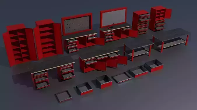 Workshop PBR closets benches boxes and tables 3D model