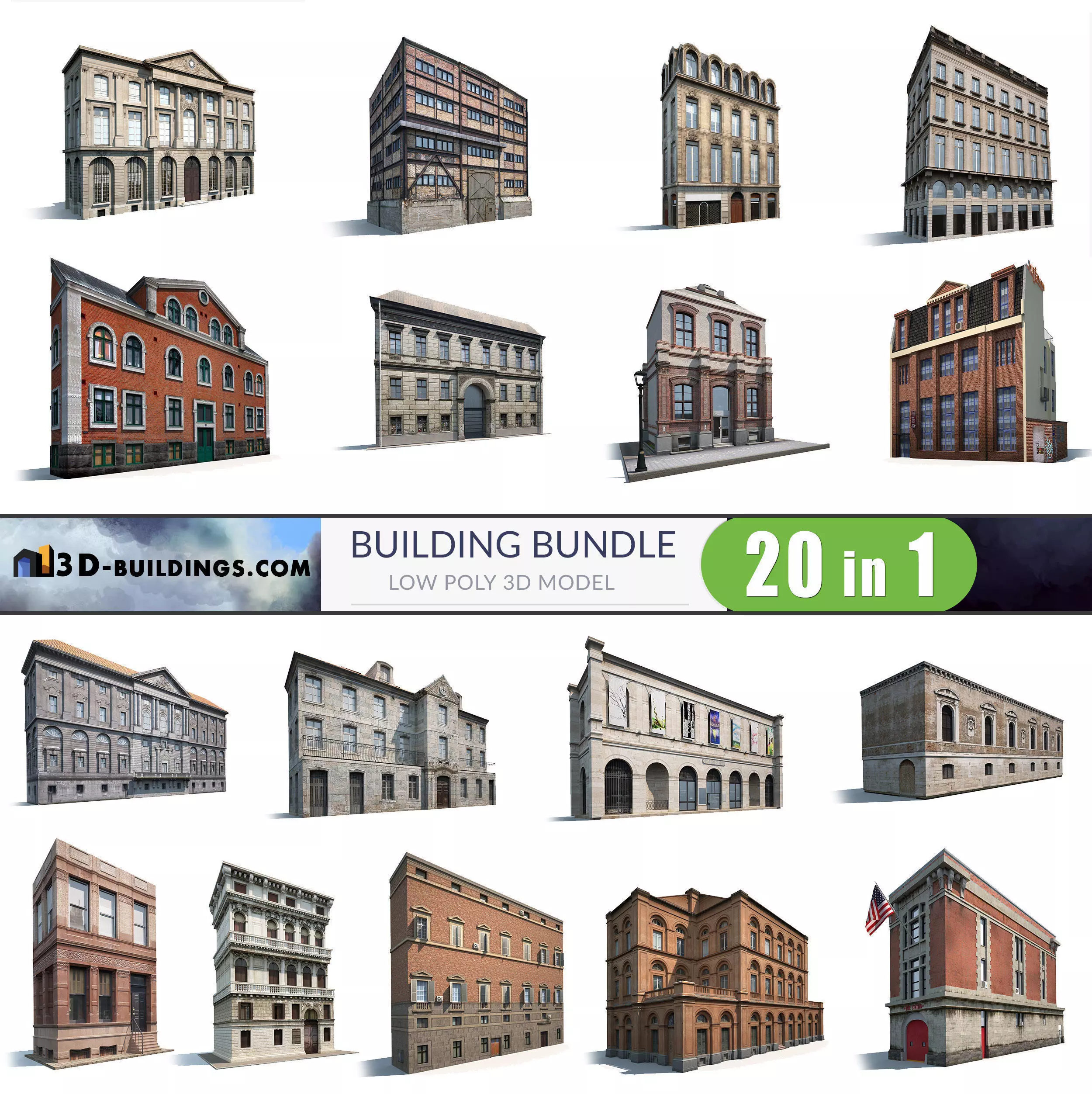 Building Facades BUNDLE2 Low-poly 3D model_0