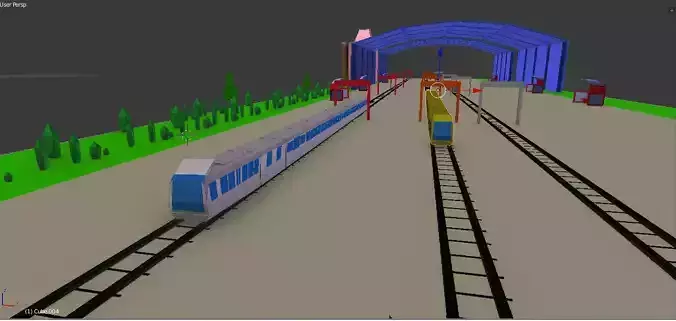 low poly Train station with tracks and buildings