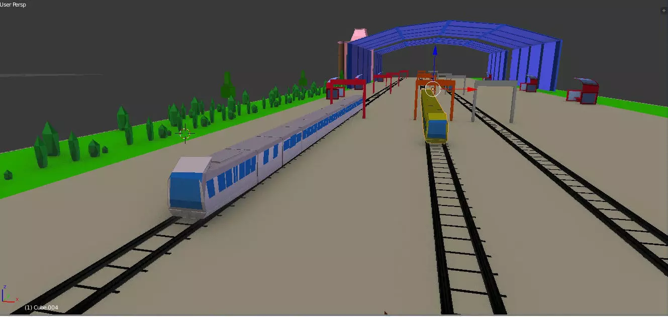 low poly Train station with tracks and buildings Low-poly 3D model