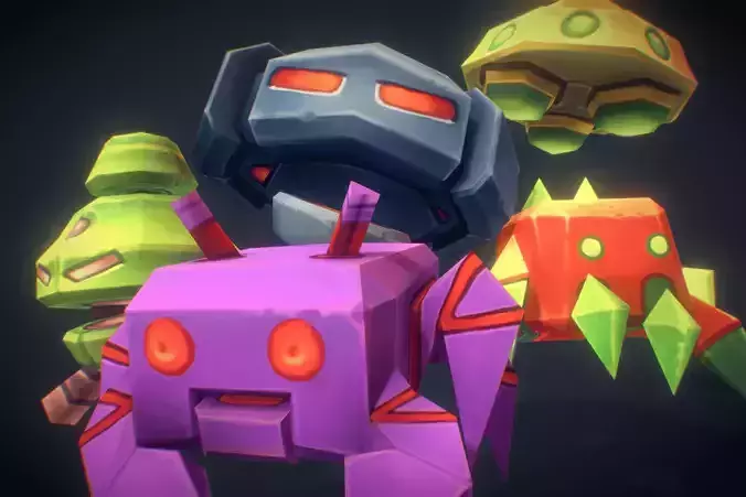 Space Invader Set - Low Poly Hand Painted  Low-poly 3D model