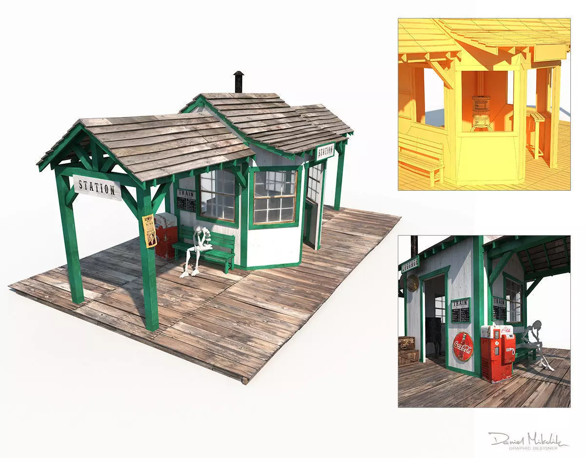 Western Train Station Low Poly Low-poly 3D model_0