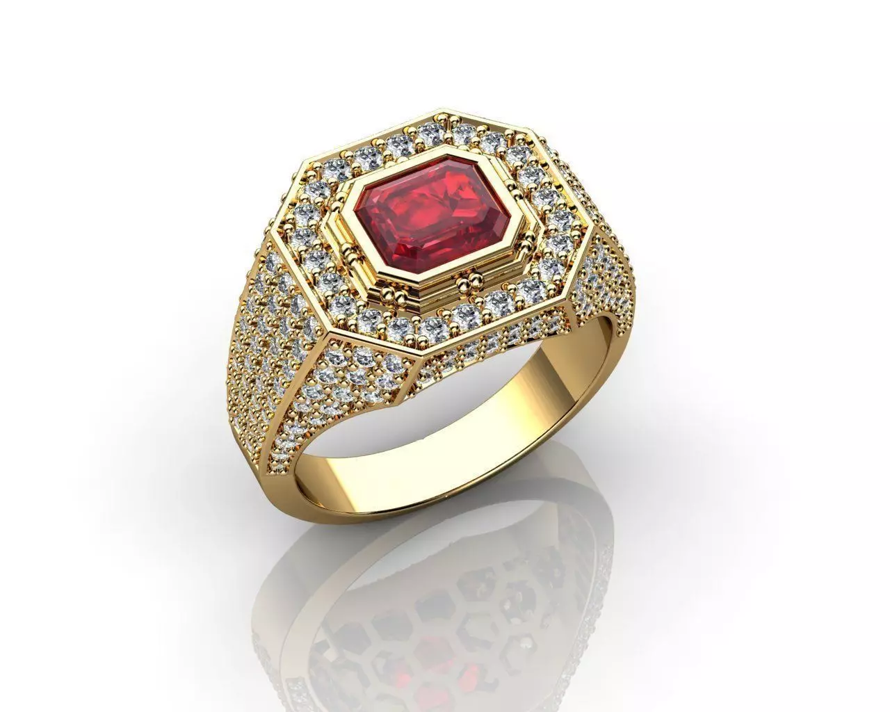 Ruby Yellow Gold Rings for Men 3D print model_0
